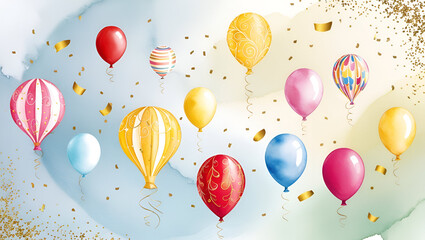 Watercolor-style happy birthday background with vibrant flying balloons in soft pastel shades and gentle brushstroke textures
