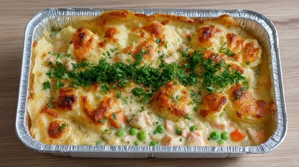 Creamy baked chicken pot pie with peas and carrots in foil tray