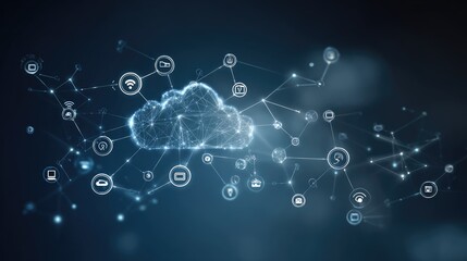 Obraz premium Cloud Computing Network: A futuristic depiction of a cloud computing network, showcasing interconnected devices and data streams in a stylized, abstract representation.