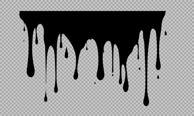 Flowing black liquid, spilled paint, ink splashes, vector illustration, oil drops or chocolate drops	