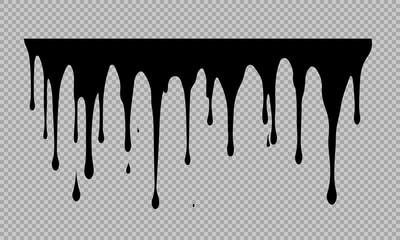 Flowing black liquid, spilled paint, ink splashes, vector illustration, oil drops or chocolate drops	