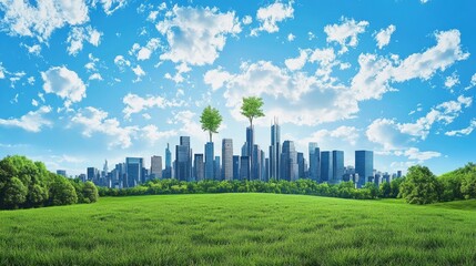 Lush green landscape embraces a city skyline under a vibrant sky.