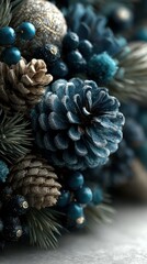 Decorative winter arrangement featuring blue and silver pinecones with festive ornaments and sprigs of greenery