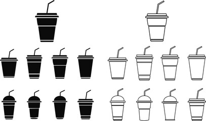 Coffee cup icons set black flat, outline styles. Paper cup logos template. Takeaway concept. Coffee house emblem, creative cafe vectors illustration symbols. Web site page, mobile app design elements.