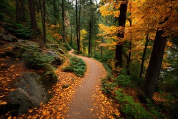 Fototapeta premium Winding Trail Through Autumn Forest With Golden Leaves, Showcasing Natural Beauty and Outdoor Adventure for Travel and Ecotourism Campaigns : Generative AI