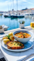 Seafood lunch with garlic bread and wine by the marina