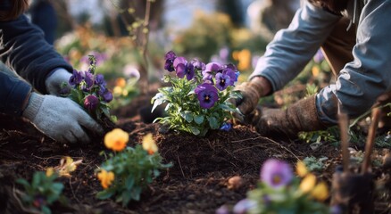 Fototapeta premium Gardeners Planting Pansies in Springtime Garden, Symbolizing Growth and Environmental Stewardship in a Sustainable Lifestyle Project : Generative AI