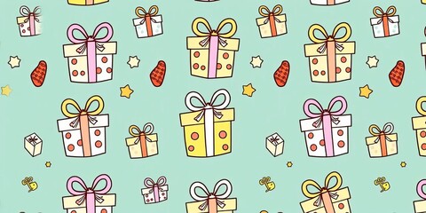 Obraz premium Whimsical gift box doodle pattern, perfect for wrapping paper, cards & coloring pages, celebration, prints
