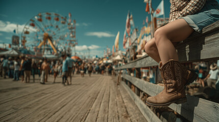 Cowgirl in Boots Overlooking Calgary Stampede Midway with Ferris Wheel and Colorful Carnival Crowd in Background