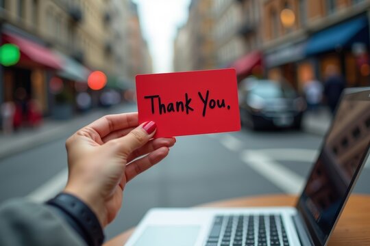 Image of a Woman's Hand Holding a Red Thank You Gift Card While Typing on Laptop in City Setting