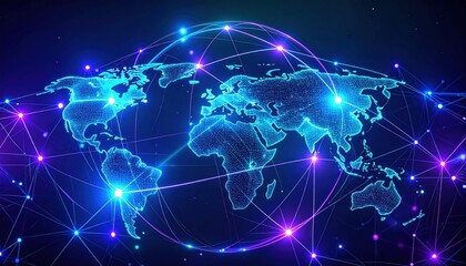 Global connectivity network with digital world map in neon style illustration