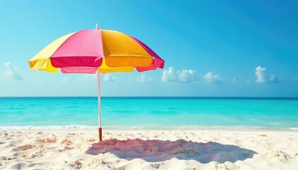 Vibrant beach umbrella providing shade on sunny sand , seashore, sand