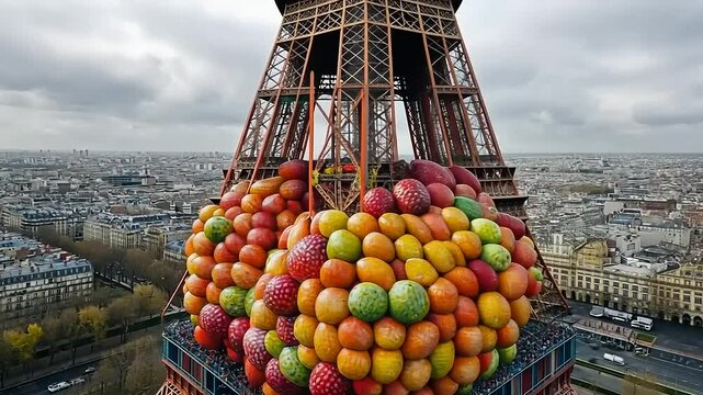 Eiffel Tower's Artistic Adornment A Captivating View from Above on a Cloudy Day
