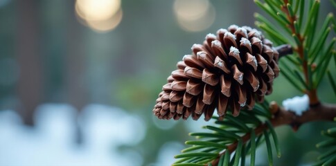 Fototapeta premium Close-up of pine cone on branch, winter texture, environment, background, macro