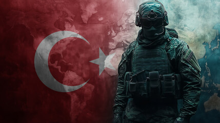 A soldier in tactical gear stands in front of the Turkish flag, symbolizing military strength and national pride. The image conveys themes of duty and patriotism associated with Turkey.