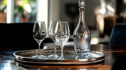 Elegant wine glasses and decanter on a silver tray