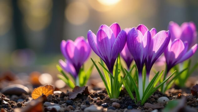 Vibrant purple crocus flowers blooming in springtime, signifying Easter , season, purple crocus