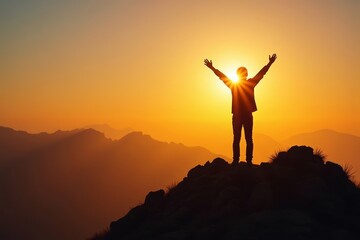 Victorious Figure Strikes a Pose on Mountain Summit at Sunset, Embracing Life's Achievements.