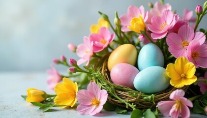Fototapeta premium Vibrant spring bouquet of pastel-colored eggs nestled amongst blooming flowers , easter eggs, happy