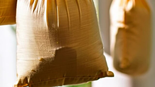 Suspended golden yellow fabric bags, filled and tightly closed, softly lit against blurry greenery for a tranquil texture.
