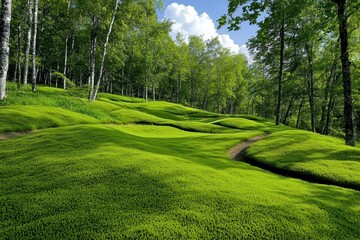 Fototapeta premium Sun Dappled Green Hills and Lush Vegetation under a Summer Sky