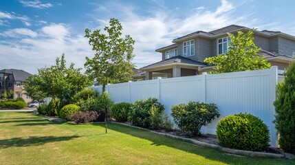 Fototapeta premium Beautiful suburban house surrounded by lush greenery and a white fence under a clear blue sky