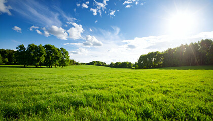 Obraz premium Serene Summer Meadow Landscape Sunny Green Field Under Blue Sky