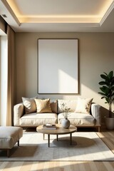 Modern panoramic living room, beige tones, stylish poster, bright, wall art, print