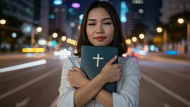 Asian woman embraces bible on city street at night. Concept of faith, religion and spirituality for devotion, encouragement, inspiration and church, Christian event.	