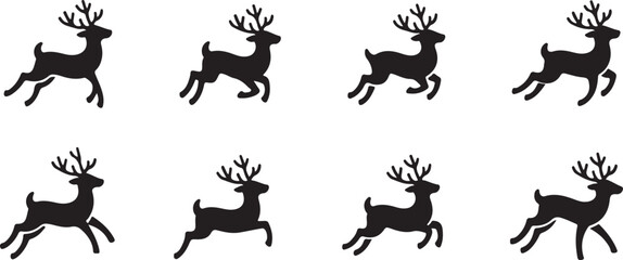 Eight Black Silhouette Reindeer Running Seamless Pattern