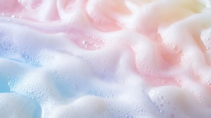 Fototapeta premium Photograph of textured foam, blending pale blue and pink hues with droplet details.