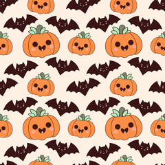 Adorable pastel Halloween seamless pattern featuring smiling jack-o'-lanterns, blushing ghosts, happy bats, and tiny stars. Perfect for fabric prints, scrapbooking, party decor, baby clothes, stickers