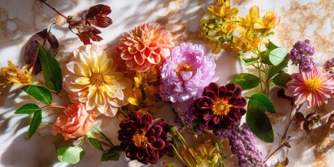 Fototapeta premium Assorted Dahlias and Other Flowers on Marble Surface, Representing Beauty and Floral Design Inspiration for Spring Celebrations : Generative AI
