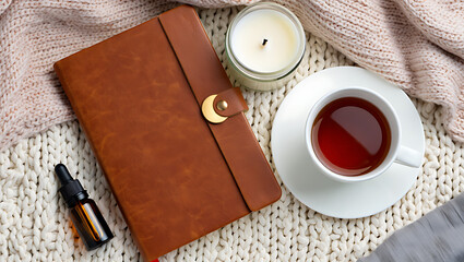 Morning desk with a hot coffee mug, open book, and business notebook for breakfast or cafe work