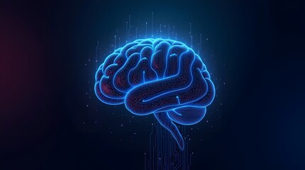 Abstract, glowing blue human brain on a dark background. Ideal for science, technology, or medical concepts.