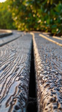Vertical screen, parallel wooden planks, textured with a wood grain pattern, converge towards a blurred green background, possibly a hedge or bush, illuminated by soft sunlight