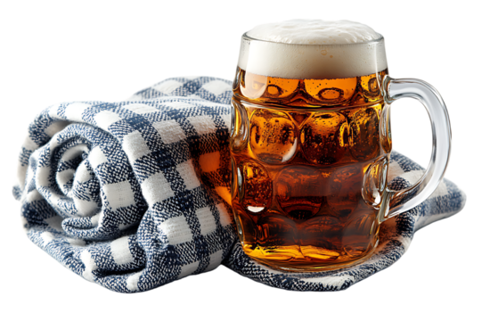 Cold beer in a beer stein on a checkered cloth