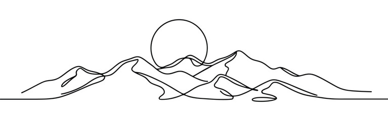 Mountains and sun continuous one line drawing. Hand drawn sunset panoramic view.