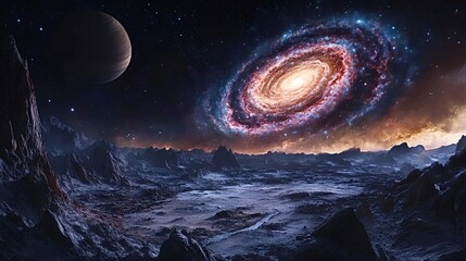 Obraz premium Breathtaking view of a spiral galaxy rising over a desolate, rocky alien planet surface, with another planet visible in the starry night sky, creating a stunning cosmic landscape
