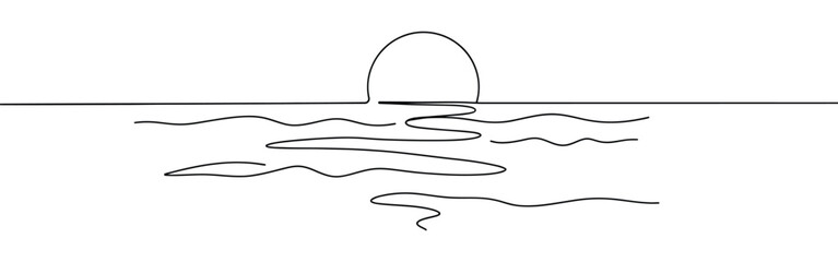 Sun on sea continuous one line drawing. Hand drawn sunshine.