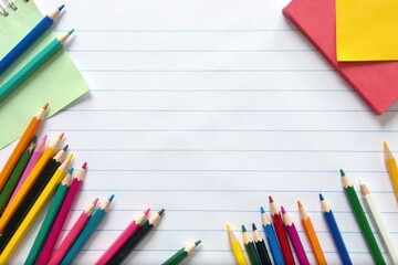 School supplies arranged on lined paper banner, top-down view , eraser, school supplies