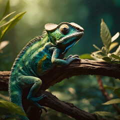Obraz premium Vibrant green chameleon on a branch in lush forest