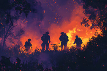 Fototapeta premium Firefighters Battling Intense Forest Wildfire – Dramatic Nighttime Emergency Scene