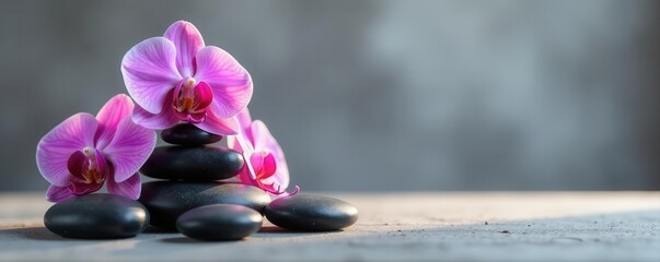 Smooth spa stones, vibrant orchids, serene grey backdrop, grey, spa stones