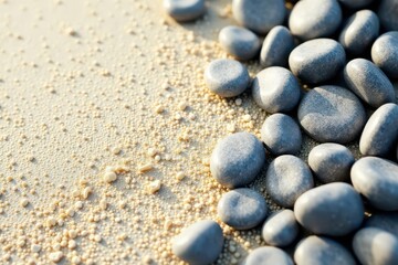 Smooth gray pebbles scattered on pale sand, natural texture , seashore, image