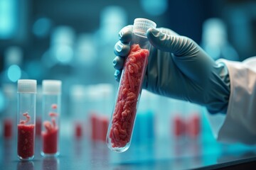 A scientist's hand in a protective glove holding a test tube of lab-grown meat in a high-tech lab.