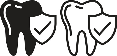 Dental insurance flat, outline icon set. Tooth depicting vectors for website, mobile interface, presentation, visual branding. Teeth care shield protection bacteria symbol. Hospital and medical signs.