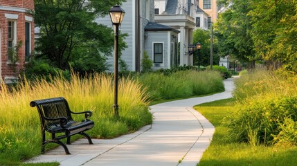 Obraz premium Serene Park Pathway with Greenery and Bench in the Neighborhood