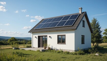 Fototapeta premium Sustainable Modern House with Solar Panels Rural Landscape Eco Friendly Home