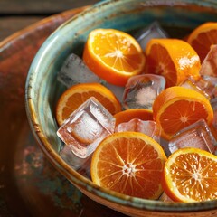 Slices of orange rest on ice cubes in a decorative bowl during a warm gathering for refreshing drinks